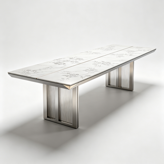Luxury Silver Marble Floral Long Dining Table