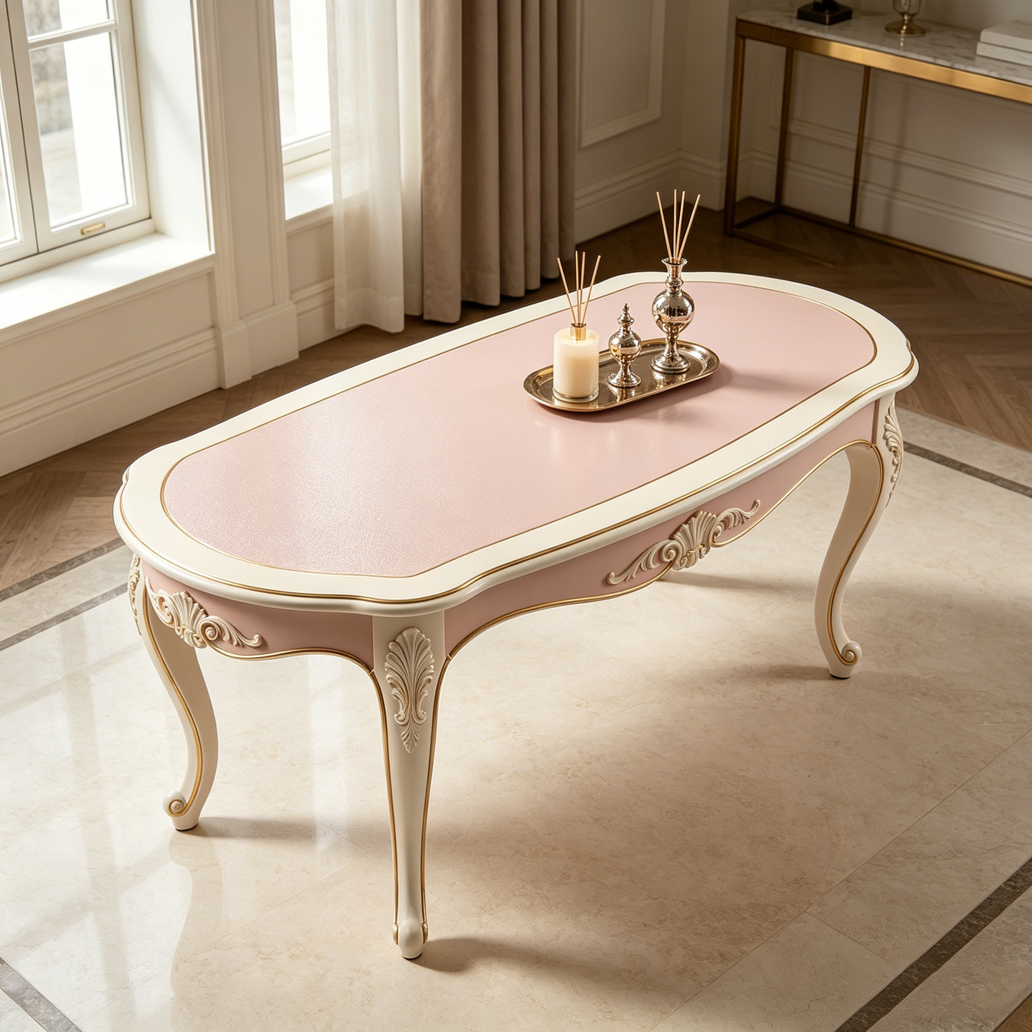 Pink Glitter Carved French Long Coffee Table