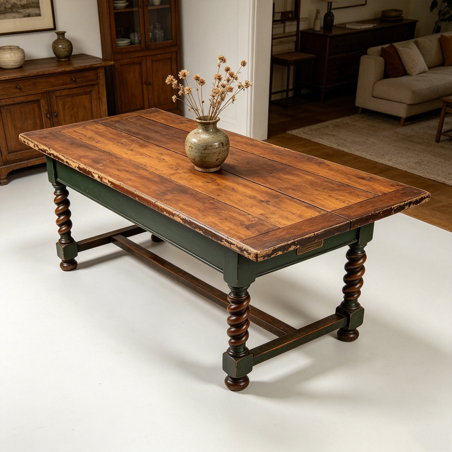 Vintage Twisted‑Leg Distressed Wooden Table
