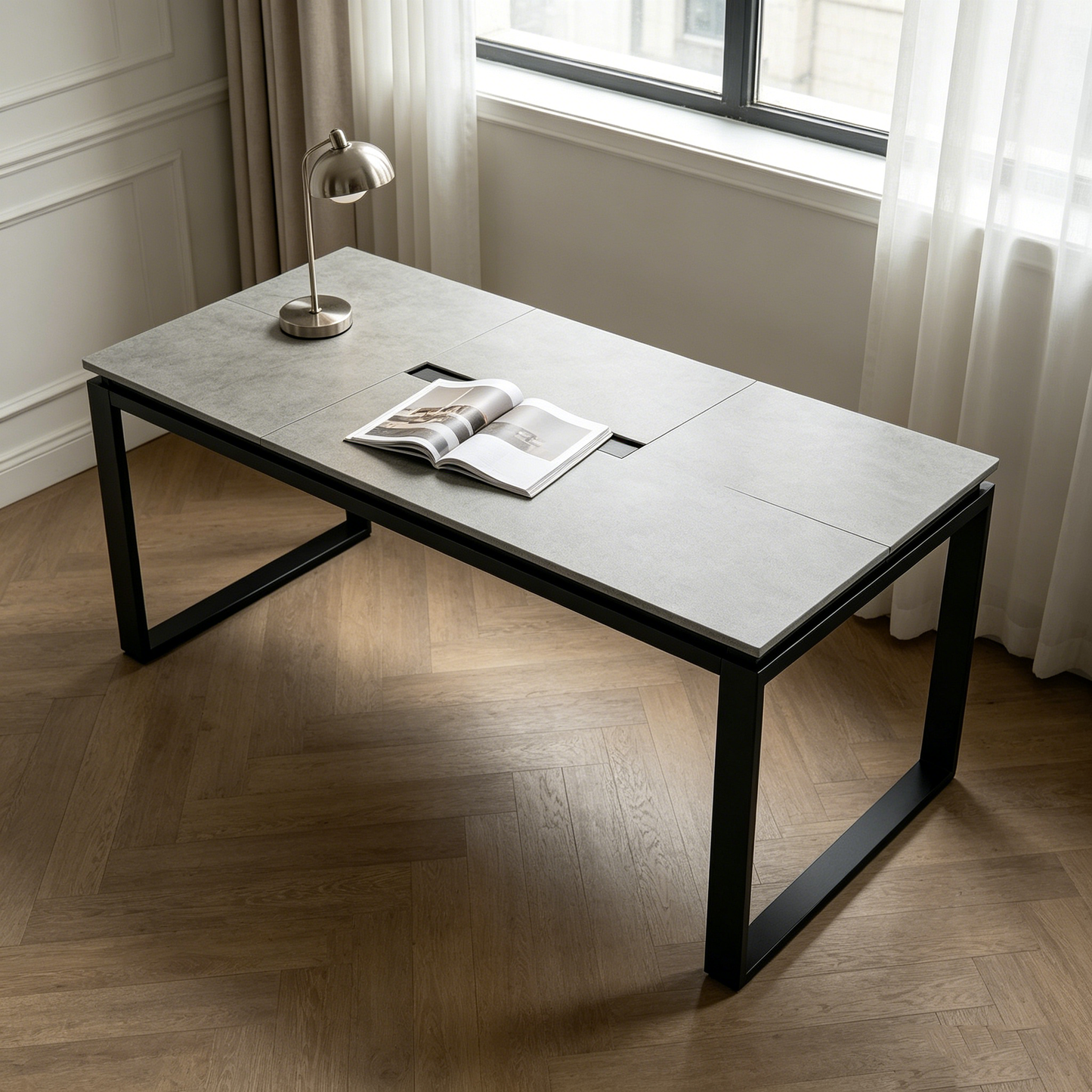 Concrete Black Metal Frame Long Table