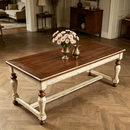 Farmhouse Spindle‑Leg Distressed Long Table