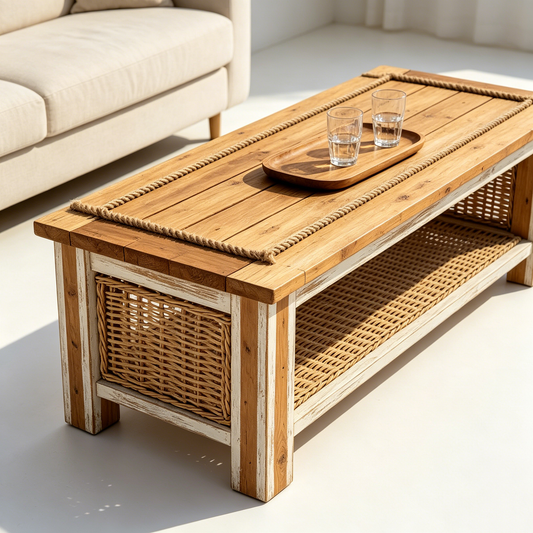 Rustic Wicker Wooden Long Coffee Table