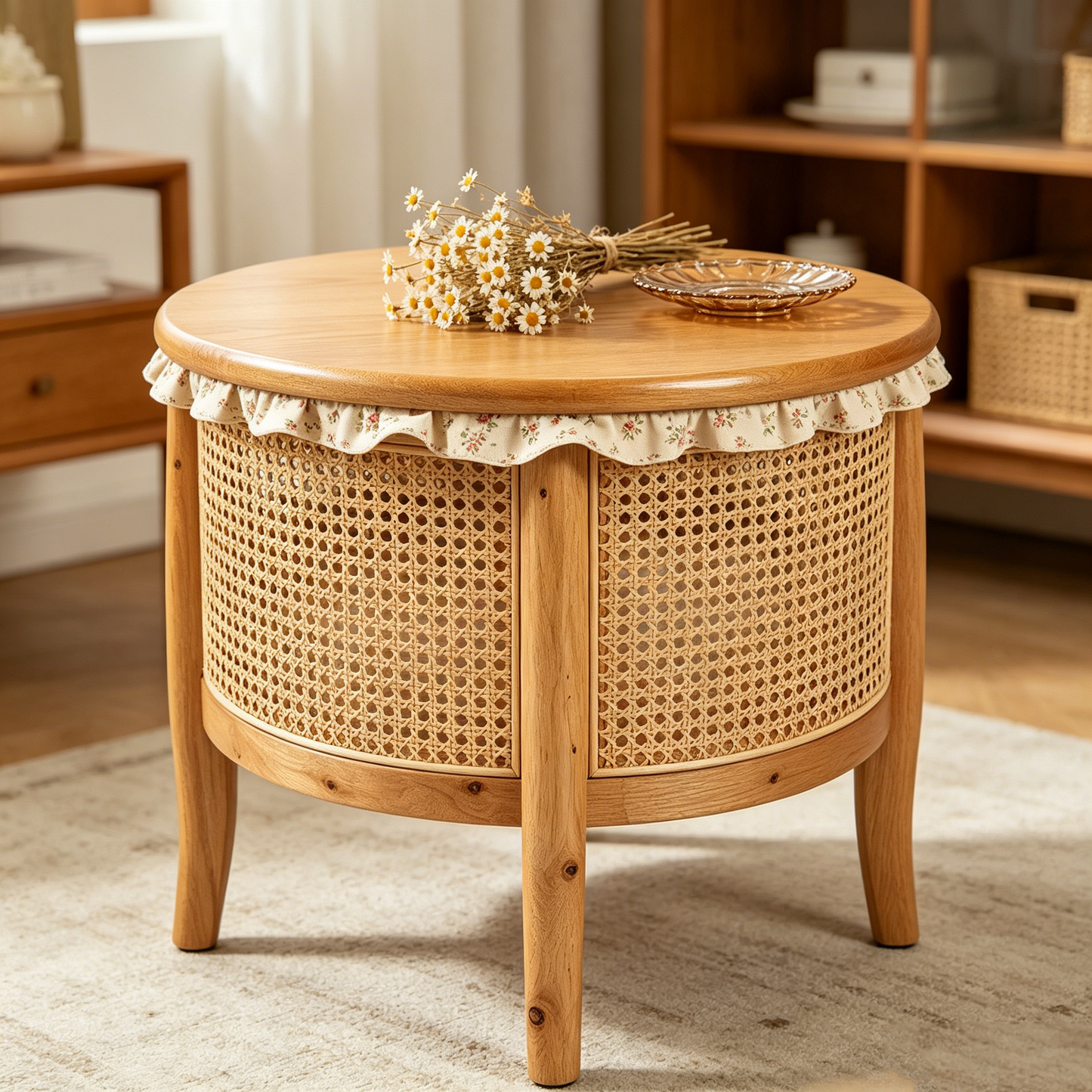 Floral Rattan Oak Side Table