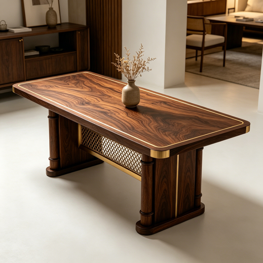 Walnut Gilded Rattan Long Table