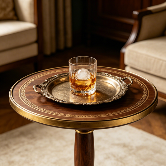 Vintage Walnut Brass Pedestal Table