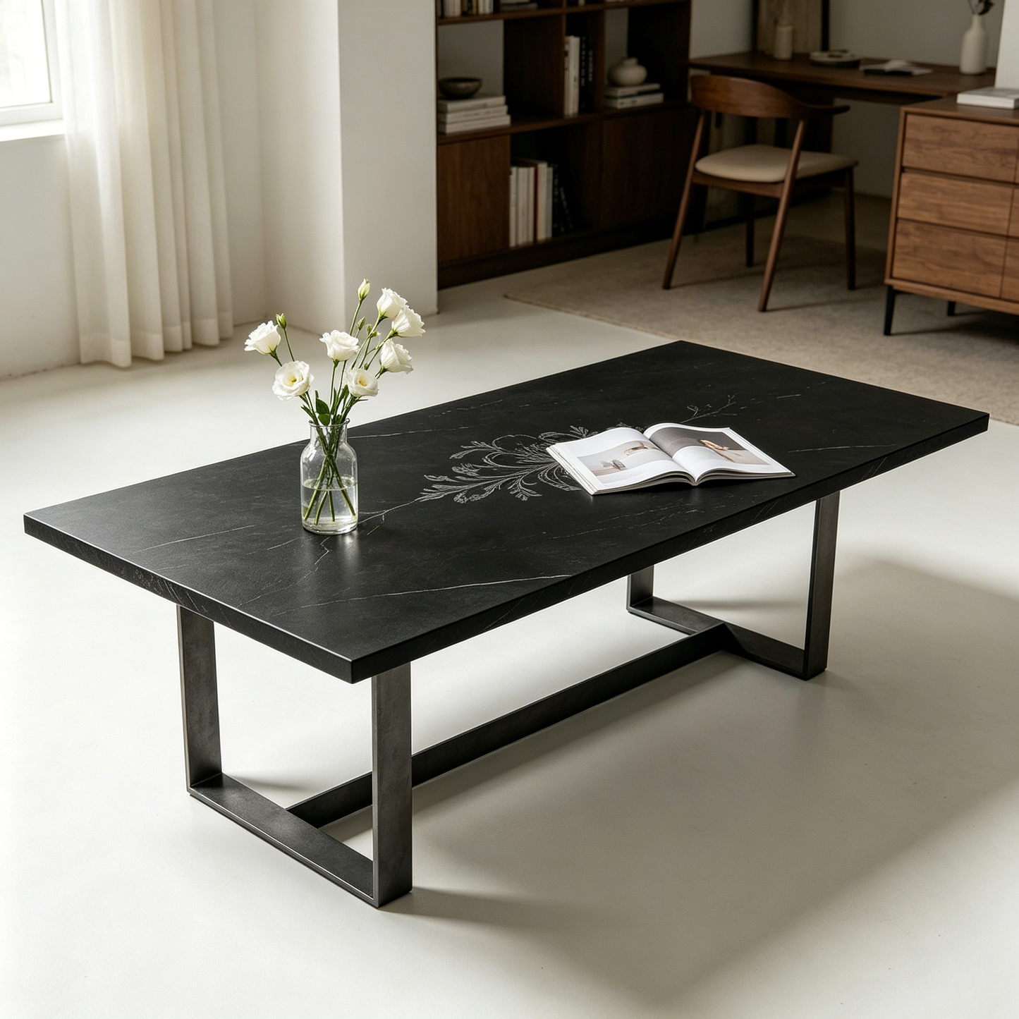 Dark Stone Vein‑Carved Long Coffee Table