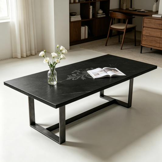 Dark Stone Vein‑Carved Long Coffee Table