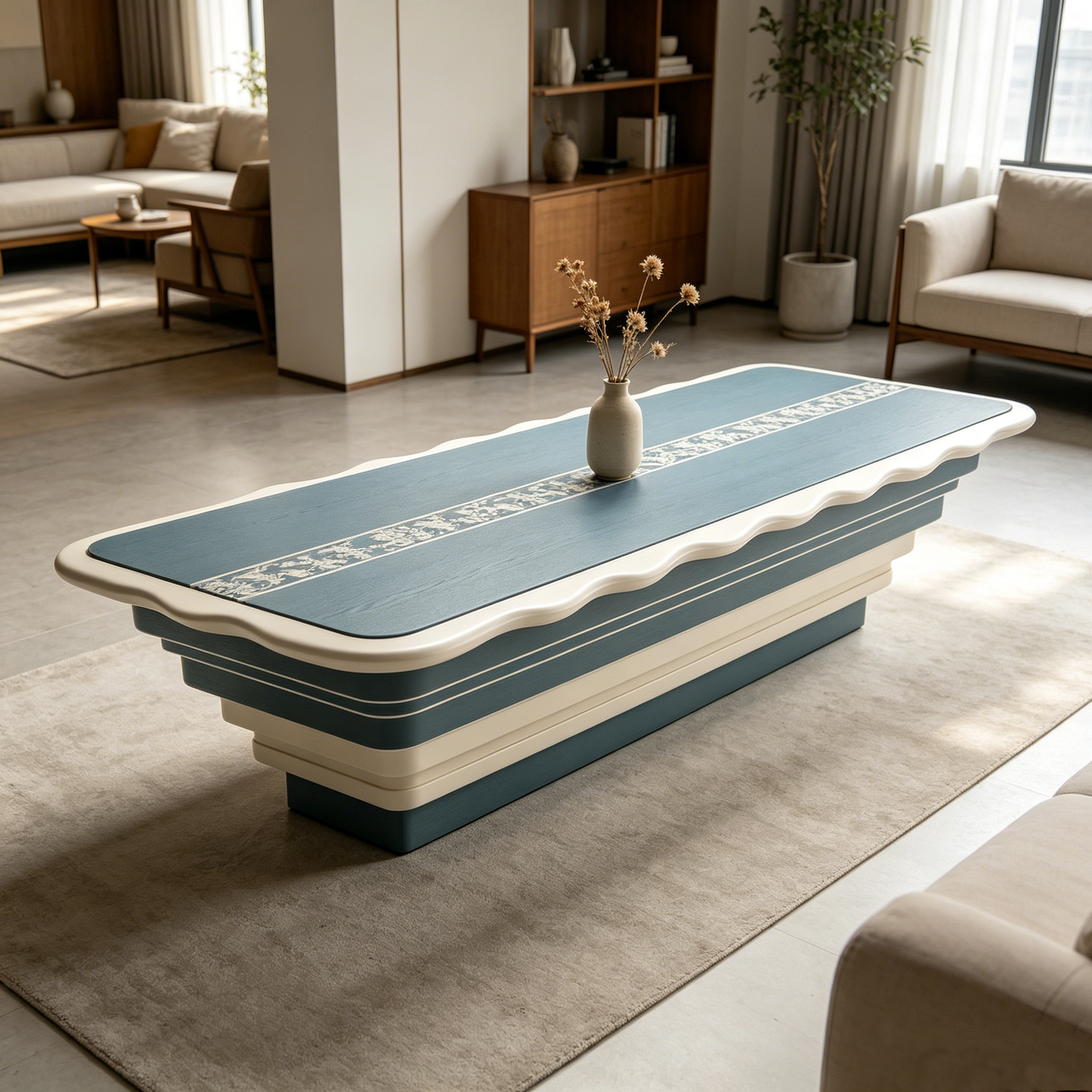 Blue‑White Wavy Layered Art Long Table