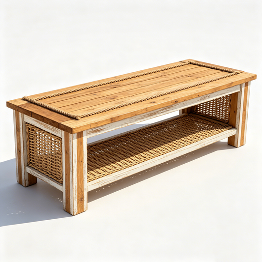 Rustic Wicker Wooden Long Coffee Table