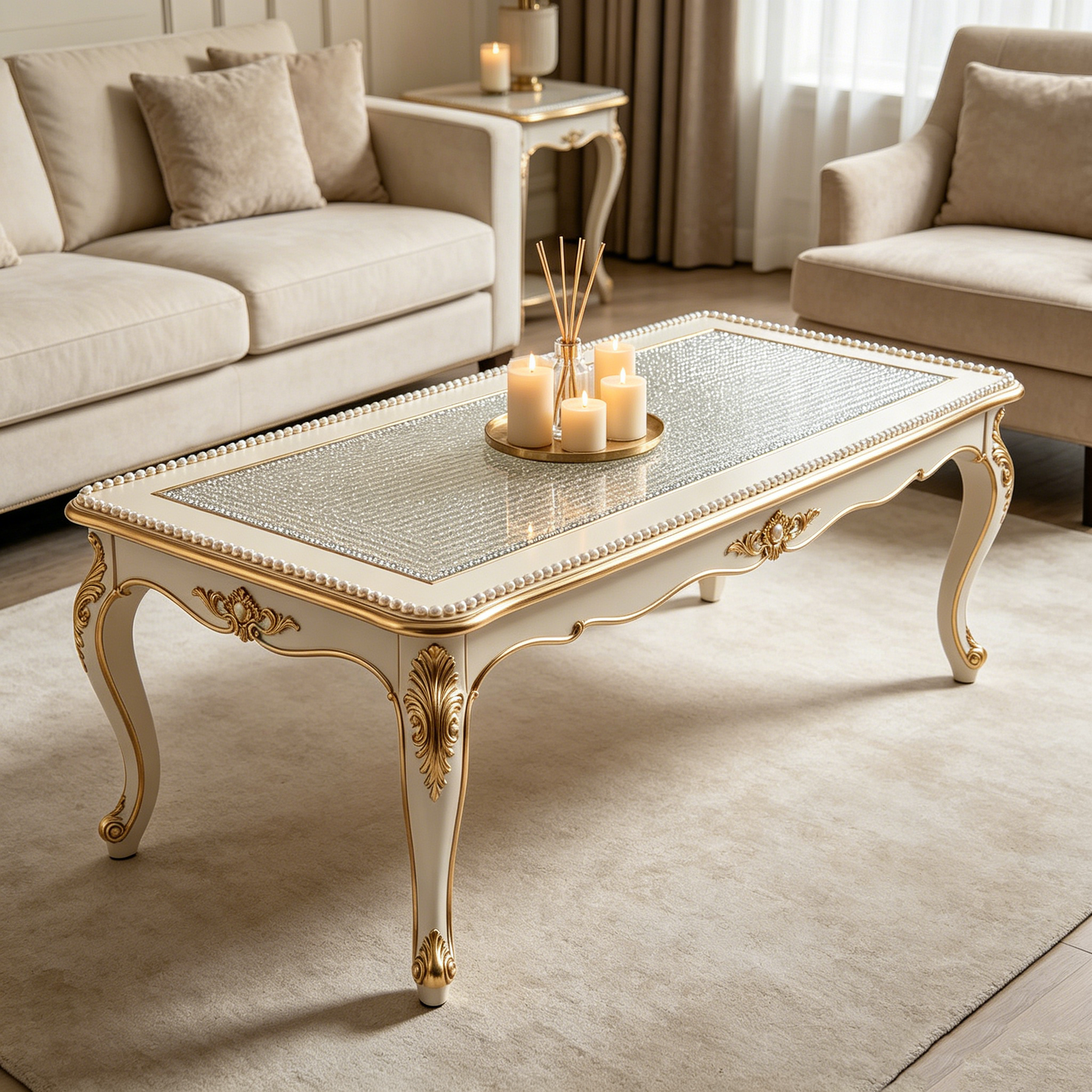 French Crystal Pearl Gilded Long Table